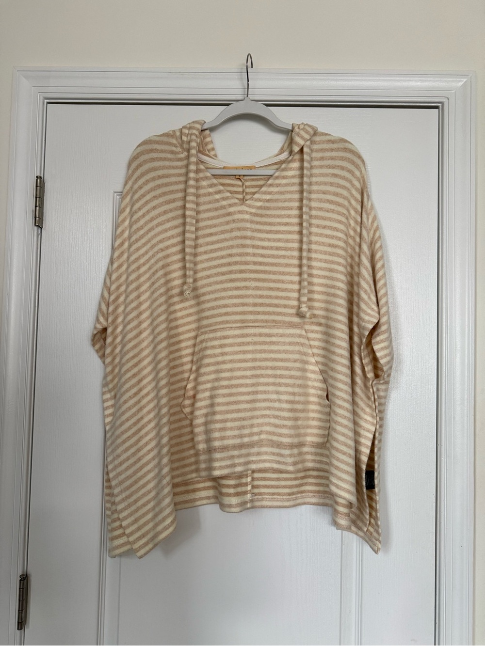 Mesh + Lace - Striped Cozy Hooded Pullover in Beige and Cream - Size Small